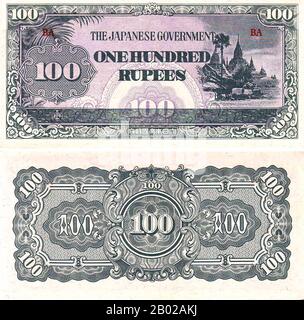 Birmania/Myanmar: Denaro di occupazione giapponese della seconda guerra mondiale. Una banconota da cento rupie emessa nel 1942. Un importante campo di battaglia, la Birmania fu devastata durante la seconda guerra mondiale. Nel marzo 1942, pochi mesi dopo l'entrata in guerra, le truppe giapponesi avanzarono su Rangoon e l'amministrazione britannica era collassata. Un'amministrazione esecutiva birmana guidata da Ba Maw fu istituita dai giapponesi nell'agosto 1942. I chindits britannici di Wingate furono formati in gruppi di penetrazione a lungo raggio addestrati ad operare in profondità dietro le linee giapponesi. Foto Stock