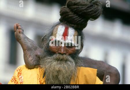 Nepal: Sadhu (uomo Santo) pratica yoga a Pashupatinath, Kathmandu. Sono conosciuti, variamente, come sadhus (santi, o "buoni"), yogis (praticanti ascetici), fakir (cercatore ascetico dopo la verità) e sannyasin (mendicanti vaganti e ascetici). Sono i praticanti ascetici - e spesso eccentrici - di una forma austera di induismo. Giurando di scacciare i desideri terreni, alcuni scelgono di vivere come anacoriti nella natura selvaggia. Altri sono di una disposizione meno ritirata, specialmente nelle città e nei templi della valle di Kathmandu in Nepal. Foto Stock