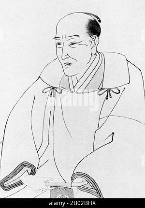 Giappone: Ryūtei Tanehiko (11 luglio 1783 - 24 agosto 1842), fumettista giapponese del periodo Edo (1783-1842). Ritratto in legno ukiyo-e, XIX secolo. Ryūtei Tanehiko è stato uno scrittore e figura letteraria giapponese. Nato in una famiglia di samurai di rango inferiore, è cresciuto in un ambiente relativamente umile. Ha iniziato la sua carriera letteraria come scrittore di poesie, Kyōka sul modello di Ota Nampo. Il suo insegnante era Karagoromo Kisshu e dopo la morte di quest'ultimo nel 1802, Shikatsube Magao. Nel 1805 incontrò Masamochi Ishikawa, che era anche tra i suoi mentori. Nel 1807 Tanehiko ha pubblicato il primo di una serie di romanzi. Foto Stock