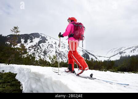 Vista posteriore dello sciatore femminile che cammina su sci lungo la cresta innevata con lo zaino. Copiare lo spazio sul cielo grigio. Montagne innevate, alberi sullo sfondo. Sci alpinismo tra le piste spettacolari. Istantanea angolo basso Foto Stock