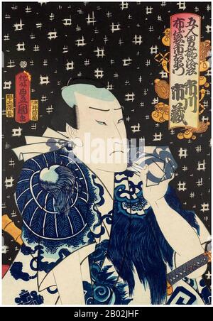 Utagawa Kunisada (giapponese: 歌川 国貞; noto anche come Utagawa Toyokuni III (三代歌川豊国); 1786 – 12 gennaio 1865) è stato il più popolare, prolifico e finanziariamente di successo designer di stampe di blocchi di legno ukiyo-e in Giappone 19th-secolo. Nel suo tempo, la sua reputazione superò di gran lunga quella dei suoi contemporanei, Hokusai, Hiroshige e Kuniyoshi. Foto Stock