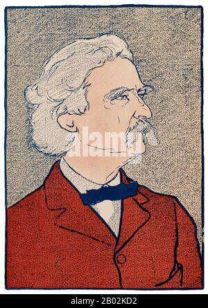 Samuel Langhorne Clemens (30 novembre 1835 – 21 aprile 1910), meglio conosciuto con il suo nome di penna Mark Twain, è stato un . È più noto per i suoi romanzi, le avventure di Tom Sawyer (1876), e il suo sequel, avventure di Huckleberry Finn (1885), quest'ultimo spesso chiamato 'Il grande Romanzo americano'. TWAIN è cresciuto a Hannibal, Missouri, che in seguito fornirebbe l'impostazione per Huckleberry Finn e Tom Sawyer. Apprendistato con una stampante. Lavorò anche come tipografo e contribuì ad articoli al giornale di suo fratello maggiore Orion. Dopo aver lavorato come stampante in vari citi Foto Stock