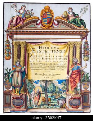 Germania: La pagina del titolo di 'Hortus Eystettenis' di Basilius Besler (1561-1629), incisione di Wolfgang Kilian (1581-1663), 1613. Basilius Besler era un rispettato farmacista e botanico di Norimberga, noto soprattutto per il suo studio botanico monumentale 'Hortus Eystettenis', 1613. Era curatore del giardino di Johann Konrad von Gemmingen, principe vescovo di Eichstätt in Baviera. Il vescovo era un botanico entusiasta che traeva grande piacere dal suo giardino, che rivaleggiava con l'Hortus Botanicus Leiden tra i primi giardini botanici europei al di fuori dell'Italia. Foto Stock
