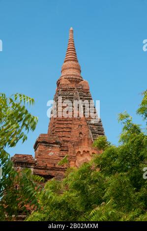 Il Tempio di Gubyaukgyi, vicino al villaggio di Wetkyi-in, mostra una forte influenza indiana. La sua guglia non è la solita forma cicada ma dritto e rastremato come quello della Pagoda Maha Bodhi nel villaggio di Bagan. Il Tempio Gubyaukgyi fu restaurato nel 1468. All'interno ci sono i resti di pitture murali a tempera, tra cui un affascinante Buddha Gautama durante la sua incarnazione come eremita che cammina con sua madre, così come un fregio dei 28 Buddha (24 provengono da mondi cosmici precedenti, mentre gli ultimi quattro provengono dall'attuale ciclo del mondo, Gautama essendo il Buddha 28th). Ognuno siede sotto un albero diverso, fo Foto Stock