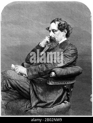 Charles John Huffam Dickens (7 febbraio 1812 – 9 giugno 1870) è stato uno scrittore inglese e critico sociale. Ha creato alcuni dei personaggi immaginari più conosciuti del mondo ed è generalmente considerato il più grande romanziere del periodo Vittoriano. Durante la sua vita, le sue opere godevano di una popolarità senza precedenti, e nel ventesimo secolo fu ampiamente visto come un genio letterario da critici e studiosi. I suoi romanzi e le sue brevi storie continuano ad essere molto popolari. Nato a Portsmouth, in Inghilterra, Dickens è stato costretto a lasciare la scuola per lavorare in una fabbrica quando suo padre è stato gettato nel carcere dei debitori. Altho Foto Stock