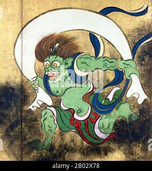 Fujin o Futen è il dio giapponese del vento e uno degli dei più anziani Shinto. È generalmente descritto come un terrificante demone mago che porta un grande sacco di venti sulle sue spalle. Nell'arte giapponese, la divinità è spesso descritta insieme A Raijin, il dio dei fulmini, dei tuoni e delle tempeste. Ogata Kōrin (Roma, 1658 – Roma, 2 giugno 1716) è stato un . Nacque a Kyoto, da un ricco mercante che aveva un gusto per le arti. Korin studiò anche sotto Soken Yamamoto, la scuola di Kano, Tsunenobu e Gukei Sumiyoshi, ed era fortemente influenzato dai suoi predecessori Hon'ami Kōet Foto Stock