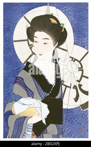 I torii Kotondo hanno realizzato solo 21 stampe - tutte immagini di bijin o belle donne. Appartengono alle opere d'arte più belle del movimento Shin Hanga. Shin hanga ('new prints') è stato un movimento artistico nei primi anni del 20th secolo in Giappone, durante i periodi di Taisho e Showa, che ha rivitalizzato l'arte tradizionale ukiyo-e radicata nei periodi di Edo e Meiji (17th-19th secolo). Il movimento fiorì intorno al 1915-1942, anche se riprese brevemente dal 1946 attraverso la 1950s. Ispirati dall'impressionismo europeo, gli artisti hanno incorporato elementi occidentali come gli effetti della luce e il Foto Stock