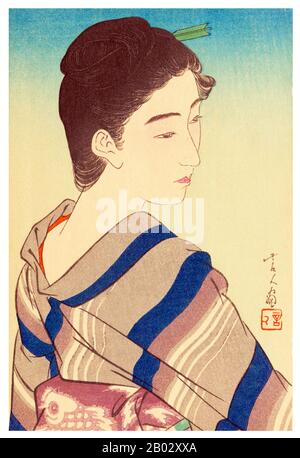 I torii Kotondo hanno realizzato solo 21 stampe - tutte immagini di bijin o belle donne. Appartengono alle opere d'arte più belle del movimento Shin Hanga. Shin hanga ('new prints') è stato un movimento artistico nei primi anni del 20th secolo in Giappone, durante i periodi di Taisho e Showa, che ha rivitalizzato l'arte tradizionale ukiyo-e radicata nei periodi di Edo e Meiji (17th-19th secolo). Il movimento fiorì intorno al 1915-1942, anche se riprese brevemente dal 1946 attraverso la 1950s. Ispirati dall'impressionismo europeo, gli artisti hanno incorporato elementi occidentali come gli effetti della luce e il Foto Stock