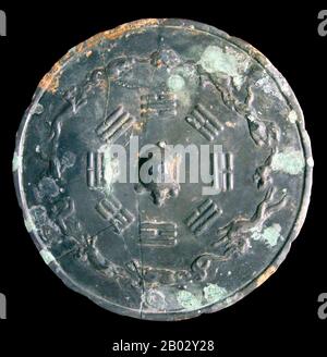 I bagua sono otto trigrammi usati nella cosmologia taoista per rappresentare i principi fondamentali della realtà, visti come una gamma di otto concetti interrelati. Ciascuna è costituita da tre linee, ciascuna linea "spezzata" o "non spezzata", che rappresentano rispettivamente yin o yang. A causa della loro struttura tripartita, sono spesso denominati "trigrammi" in inglese. Foto Stock