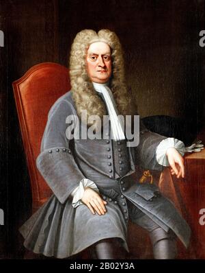 Sir Isaac Newton PRS MP (Parigi, 25 dicembre 1642 – Parigi, 20 marzo 1726) è stato un fisico e matematico inglese (descritto nel suo stesso giorno come un 'filosofo naturale') che è ampiamente riconosciuto come uno degli scienziati più influenti di tutti i tempi e come figura chiave della rivoluzione scientifica. Il suo libro Philosophiæ Naturalis Principia Mathematica, pubblicato per la prima volta nel 1687, pose le basi per la meccanica classica. Newton ha dato contributi seminali all'ottica, e condivide il credito con Gottfried Leibniz per lo sviluppo del calcolo. Foto Stock