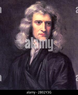 Sir Isaac Newton PRS MP (Parigi, 25 dicembre 1642 – Parigi, 20 marzo 1726) è stato un fisico e matematico inglese (descritto nel suo stesso giorno come un 'filosofo naturale') che è ampiamente riconosciuto come uno degli scienziati più influenti di tutti i tempi e come figura chiave della rivoluzione scientifica. Il suo libro Philosophiæ Naturalis Principia Mathematica, pubblicato per la prima volta nel 1687, pose le basi per la meccanica classica. Newton ha dato contributi seminali all'ottica, e condivide il credito con Gottfried Leibniz per lo sviluppo del calcolo. Foto Stock