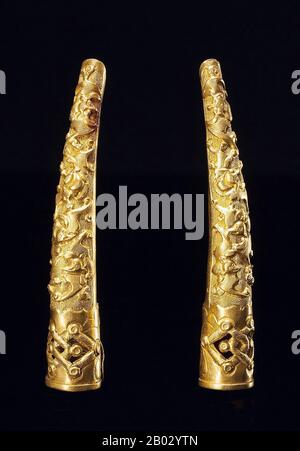 Le descrizioni occidentali degli imperatori cinesi, dei re e dei nobili spesso menzionano le unghie abbastanza lunghe da marcare la persona sopra ogni possibilità di lavoro manuale. Queste protezioni per unghie, o protezioni, potrebbero essere indossate come un unico gioiello sulla mano o in più set. Secondo il Museo d'Arte di San Diego: 'I protettori delle unghie sono stati indossati da un gruppo molto d'elite - le Signore corte di Manchu della tarda dinastia Qing. Sebbene gli studiosi di costumi cinesi di solito datano protettori delle unghie alla dinastia Qing, essi sono infatti caratteristici solo della fine del 19th secolo. Ritratti di prime Signore della corte di Qing Foto Stock