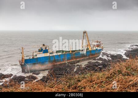 Ballycotton, Cork, Irlanda. 18th febbraio 2020. Relitto della nave fantasma MV alta, che è stato guidato in aground durante la tempesta Dennis vicino Ballycotton, Co. Cork, Irlanda. Il freighter da 77 metri ha fatto la prima notizia nell'ottobre 2018, quando la Guardia Costiera americana ha salvato il suo equipaggio a bordo della nave per disabili a 1.380 miglia a sud-est delle Bermuda. Da allora è stata abbandonata e abbandonata per un anno e mezzo ed è stata l'ultima volta individuata al largo della costa occidentale dell'Africa nel settembre 2019. - Credito; David Creedon / Alamy Live News Foto Stock