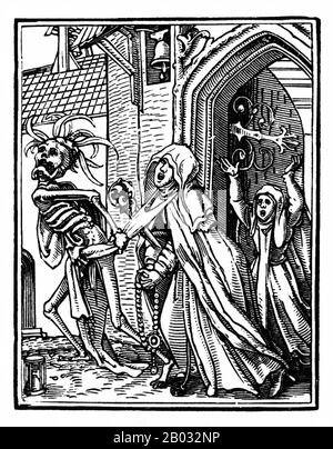 Questa è una delle serie celebrate di piccoli tagli di legno che Holbein ha progettato sul tema Della Morte. Nelle parole di Christian Rümelin: "La morte è descritta in diverse forme in queste illustrazioni, che vanno dall'agente omicida (del monaco, commerciante, chandler, ricco uomo, cavaliere, conte e nobile) al commentatore di avvertimento (del papa, imperatore, cardinale, giudice, alderman, avvocato e predicatore)". I membri della società sono per lo più rappresentati in una situazione destinata a criticare un tipo specifico di comportamento 'come la corruzione del giudice, la vanità del canone, l'acquiività dei ricchi Foto Stock