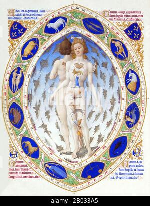 Il Très Riches Heures du Duc de Berry è il più famoso e forse il miglior esempio sopravvissuto di illuminazione manoscritta gotico francese, che mostra la fase tardo gotica internazionale dello stile. È un libro di ore: Una raccolta di preghiere da dire alle ore canoniche. E 'stato creato tra c. 1412 e 1416 per lo stravagante bibliofilo reale e patrono Giovanni, Duca di Berry, dai fratelli Limbourg. Quando i tre pittori e il loro sponsor morirono nel 1416, forse vittime della peste, il manoscritto fu lasciato incompiuto. È stato ulteriormente arricchito nella 1440s da un anonimo dolore Foto Stock