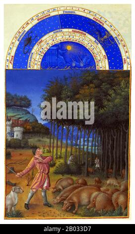 Il Tres Riches Heures du Duc de Berry è il più famoso e forse il miglior esempio sopravvissuto di illuminazione manoscritta gotico francese, che mostra la fase tardo gotica internazionale dello stile. È un libro di ore: Una raccolta di preghiere da dire alle ore canoniche. E 'stato creato tra c. 1412 e 1416 per lo stravagante bibliofilo reale e patrono Giovanni, Duca di Berry, dai fratelli Limbourg. Quando i tre pittori e il loro sponsor morirono nel 1416, forse vittime della peste, il manoscritto fu lasciato incompiuto. Fu ulteriormente abbellita nella 1440s da un anonimo pittore Foto Stock