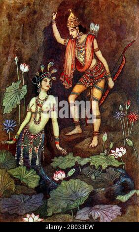 Warwick Goble (Warwick Goble, 22 novembre 1862 – 22 gennaio 1943) è stato un illustratore di libri per bambini. Si è specializzato in temi orientalisti e indiani. Goble è nato a Dalston, nel nord di Londra, figlio di un viaggiatore commerciale, e ha studiato e addestrato alla City of London School e alla Westminster School of Art. Ha lavorato per una stampante specializzata in cromolithografia e ha contribuito al Pall Mall Gazette e al Westminster Gazette. Nel 1909, divenne illustratore di libri regalo residente per MacMillan e produsse illustrazioni per i Water Babies, Green Willow, e Altri Japanese Fairy Tales, The Co Foto Stock