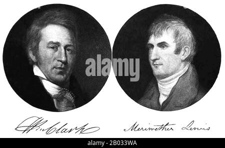 La spedizione di Lewis e Clark, conosciuta anche come Corps of Discovery Expedition, fu la prima spedizione americana a attraversare quella che è ora la parte occidentale degli Stati Uniti, con partenza nel maggio 1804, da vicino a St. Louis, facendo la loro strada verso ovest attraverso il divario continentale verso la costa del Pacifico. La spedizione fu commissionata dal presidente Thomas Jefferson poco dopo l'acquisto della Louisiana nel 1803, costituito da un gruppo selezionato di volontari dell'esercito degli Stati Uniti sotto il comando del capitano Meriwether Lewis e del suo amico, Secondo tenente William Clark. Il loro viaggio pericoloso durò da ma Foto Stock