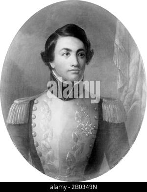 Kamehameha II è meglio ricordato per l' 'ai Noa, la rottura dell'antico sistema kapu (tabù) delle leggi religiose sei mesi nel suo regno quando si sedette con Kaʻahumanu e sua madre Keopuolani e mangiò insieme un pasto. Quello che seguì fu lo scioglimento della classe sociale del sacerdote e la distruzione di templi e immagini. Nel 1823, Kamehameha II e Kamamalu lasciarono le isole Sandwich per Londra, dove arrivarono nel maggio 1824 per una visita di stato con il re Giorgio IV. A Londra il partito reale era dotato della moda più recente e ha assistito all'opera e al balletto al teatro reale in Drury Lane. Foto Stock