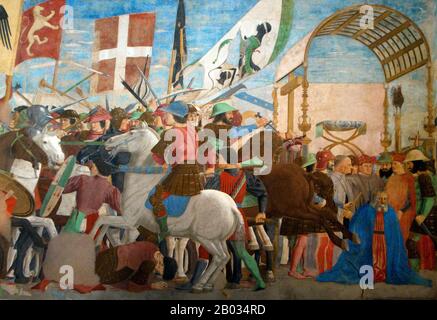 La Storia della vera Croce o la leggenda della vera Croce è una sequenza di affreschi dipinti da Piero della Francesca nella Basilica di San Francesco ad Arezzo. È la sua più grande opera, e generalmente considerata uno dei suoi migliori, e un capolavoro del primo Rinascimento. Il suo tema, derivato dal popolare libro del 13th secolo sulla vita dei santi di Jacopo da Voragine, la leggenda d'oro, è il trionfo della vera Croce - la leggenda del legno dal Giardino dell'Eden che diventa la Croce su cui Gesù Cristo fu crocifisso. Questo lavoro dimostra l’avanzata conoscenza di Piero in termini di prospettiva e di cooperazione Foto Stock