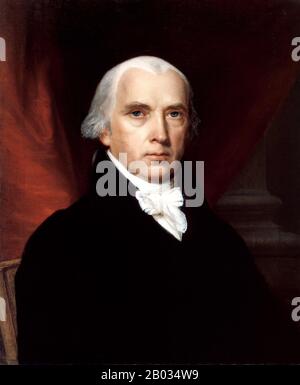 James Madison Jr., 16 marzo 1751 – 28 giugno 1836, è stato un teorico politico, statista americano e quarto presidente degli Stati Uniti (1809–17). Egli è salutato come il 'Padre della Costituzione' per il suo ruolo fondamentale nella redazione e promozione della Costituzione degli Stati Uniti e la legge dei diritti. Foto Stock