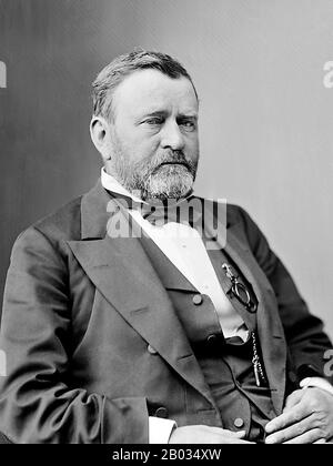 Ulysses S. Grant (Hiram Ulysses Grant, 27 aprile 1822 – 23 luglio 1885 18th) è stato un . Come comandante generale dell'esercito degli Stati Uniti (1864–69), Grant ha lavorato a stretto contatto con il presidente Abraham Lincoln per guidare l'esercito dell'Unione alla vittoria sulla Confederazione nella guerra civile americana. Ha implementato la ricostruzione del Congresso, spesso in contrasto con il successore di Lincoln, Andrew Johnson. il presidente eletto due volte, Grant ha guidato i Repubblicani nel loro sforzo di rimuovere le vestigia del nazionalismo confederato e della schiavitù, proteggere la cittadinanza afro-americana, e su Foto Stock