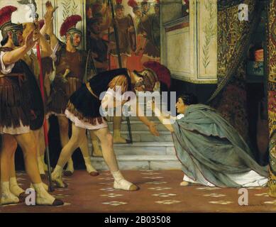 Claudio fu il primo imperatore romano ad essere nato fuori dall'Italia, e fu ostracizzato ed esentato dall'ufficio pubblico per gran parte della sua vita a causa di una lieve sordità e di essere afflitto da un limp. Fu la sua infermità che lo salvò dalle nobili purge che si verificarono durante i regni di Tiberio e Caligula, non essendo visto come una grave minaccia. Essendo l'ultimo uomo sopravvissuto della famiglia Julio-Claudian, Claudio fu dichiarato imperatore dalla Guardia Pretoriana dopo il loro assassinio di Caligula. Nonostante la sua unica esperienza precedente di condividere un consolato con suo nipote CA Foto Stock