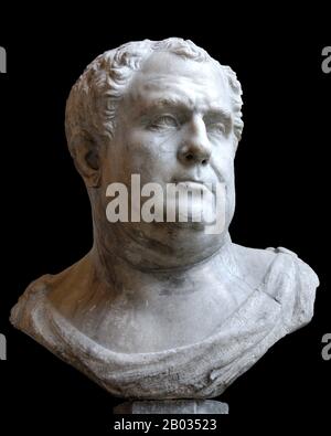 Il terzo degli imperatori a regnare durante l'anno tumultuoso Dei Quattro imperatori, Vitellius iniziò la sua carriera come Console nel 48 d.C., e fu infine comandato dagli eserciti di Germania Inferiore dall'imperatore Galba. Da lì iniziò la sua offerta di potere contro Galba e gli altri pretendenti. Egli portò con successo una rivoluzione militare contro il successore di Galba Otho nel 69 d.C., marciando a Roma e diventando imperatore, anche se non fu mai riconosciuto come tale in tutto il mondo romano. Si dice che i suoi uomini siano licenziosi e ruvidi, con Roma che si è invischiata nei massacri e nei tumulti, nel decadere Foto Stock