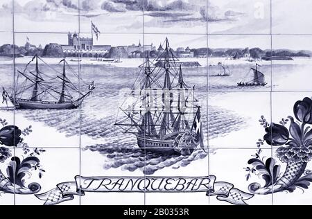 Tharangambadi, ex Tranquebar, è una città dell'India di 13.961 abitanti, situata nel distretto di Nagapattinam, nello stato federato del Tamil Nadu. Si trova a 15 chilometri a nord di Karaikal, vicino alla foce di un distributore del fiume Kaveri. Era una colonia danese dal 1620 al 1845, e in danese è ancora conosciuta come Trankebar. Foto Stock