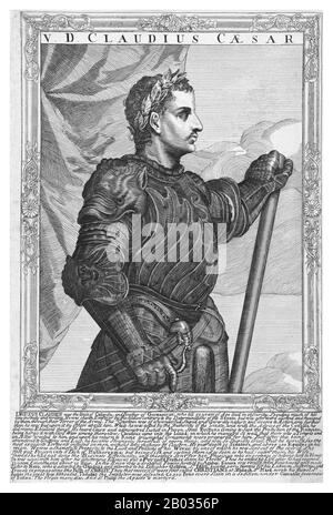 Claudio fu il primo imperatore romano ad essere nato fuori dall'Italia, e fu ostracizzato ed esentato dall'ufficio pubblico per gran parte della sua vita a causa di una lieve sordità e di essere afflitto da un limp. Fu la sua infermità che lo salvò dalle nobili purge che si verificarono durante i regni di Tiberio e Caligula, non essendo visto come una grave minaccia. Essendo l'ultimo uomo sopravvissuto della famiglia Julio-Claudian, Claudio fu dichiarato imperatore dalla Guardia Pretoriana dopo il loro assassinio di Caligula. Nonostante la sua unica esperienza precedente di condividere un consolato con suo nipote CA Foto Stock