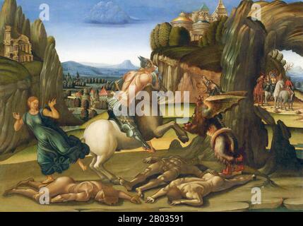 Luca Signorelli (c.. 1445 – 16 ottobre 1523) è stato un pittore rinascimentale italiano, noto in particolare per la sua capacità di disegnatore e per il suo uso di scorcio. I suoi imponenti affreschi del Giudizio universale (1499-1503) nel Duomo di Orvieto sono considerati il suo capolavoro. Foto Stock