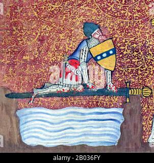 Sir Lancelot du Lac (che significa Lancelot del lago, battezzato come Galahad) era uno dei Cavalieri della Tavola rotonda nella leggenda arturiana. Egli caratterizza tipicamente come il compagno più grande del re Arthur, il signore del Gard Gioioso ed il più grande spadaccino e jouster dell'età. Poi viene scoperto il suo adulterio con la regina Guinevere, causando una guerra civile sfruttata da Mordred che porta alla fine del regno di Arthur. Foto Stock