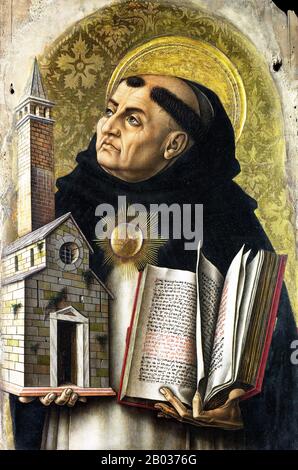 San Tommaso D'Aquino (Italiano Tommaso D'Aquino, Illuminato. Tommaso d'Aquino; 1225 – 7 marzo 1274), fu un frate domenicano italiano, sacerdote cattolico e dottore della Chiesa. Fu un filosofo, teologo e giurista immensamente influente nella tradizione dello studio, nel quale è conosciuto anche come Dottore Angelico e Dottore Communis. Il nome Aquinas identifica le sue origini ancestrali nella contea di Aquino nell'attuale Lazio. Foto Stock