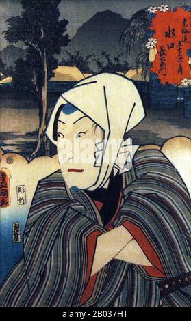 Utagawa Kunisada (1786 – 12 gennaio 1865), conosciuta anche come Utagawa Toyokuni III) è stata la più popolare, prolifica e finanziariamente di successo designer di stampe di blocchi di legno ukiyo-e in Giappone 19th-secolo. Nel suo tempo, la sua reputazione superò di gran lunga quella dei suoi contemporanei, Hokusai, Hiroshige e Kuniyoshi. Sorprendentemente, non vengono registrati molti dettagli della vita di Kunisada, a parte alcuni eventi ben consolidati. È nato nel 1786 a Honjo, un distretto di Edo, con il nome dato Sumida Shogoro IX La sua famiglia possedeva un servizio traghetto di successo, e presto sviluppò un talento artistico come Foto Stock