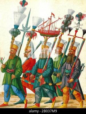 I Janissari erano unità di fanteria d'élite che formavano le truppe della famiglia del sultano ottomano, le guardie del corpo e il primo esercito permanente in Europa. Il corpo fu probabilmente istituito durante il regno di Murad i (1362-89). Foto Stock