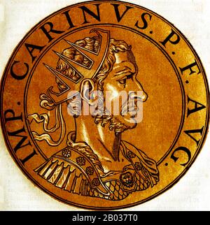 Carinus (-285) era il figlio maggiore dell'imperatore Carus, e fu nominato Cesare all'inizio del 283, rese co-imperatore della parte occidentale dell'Impero Romano, mentre suo padre e il fratello minore Numeriano si dirigono verso est per combattere l'Impero Sassanide. Quando suo padre morì a metà del 283, Carinus e Numeriano divennero co-imperatori dell'Impero, con Carinus che ritornò rapidamente a Roma per celebrare la sua ascensione. Nel 284, Numeriano fu trovato morto nel suo coach chiuso in circostanze misteriose, con Diocleziano, comandante delle guardie del corpo di Numeriano, affermando che Numeriano era stato assassinato. Diocleziano w Foto Stock