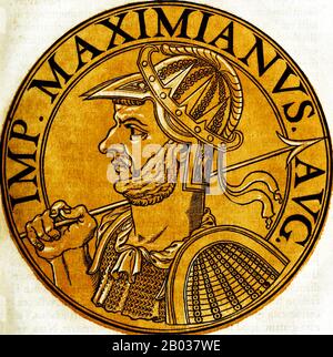 Massimiano (250-310) nacque in provincia di Pannonia in una famiglia di negozianti, e si unì all'esercito appena poté, servendo accanto al futuro co-imperatore Diocleziano sotto gli imperatori Aurelian, Probus e Carus. Dopo che Diocleziano divenne imperatore nel 284, Massimiano fu presto nominato co-imperatore nel 286, abbinando la brawn militare di Massimiano con il cervello politico di Diocleziano. Maximian trascorse la maggior parte del suo tempo in campagna, combattendo contro le tribù germaniche lungo la frontiera del Reno e in Gallia. Quando l'uomo Massimiano aveva nominato per governare le coste del canale, Carausius, si ribellò nel 286 e seceed B. Foto Stock