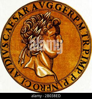 Nato Lucius Domitius Ahenobarbus (37-68 d.C.), Nerone era l'unico figlio Di Agrippina Il Giovane, che in seguito avrebbe sposato il suo grande zio imperatore Claudio. Claudius adottò Nero, che fu nominato erede e successore accanto al figlio di Claudius Brittanicus. Nerone aderì al trono dopo la morte di Claudio nel 54 d.C., forse avvelenato dalle mani della madre di Nerone. Il regno di Nerone è infame per la sua corruzione, tirannia e stravaganza, così come le sue molte esecuzioni, tra cui quella di sua madre e l'avvelenamento del suo fratellastro Britannicus subito dopo l'inizio del suo dominio. Il suo marchio più infame su histo Foto Stock