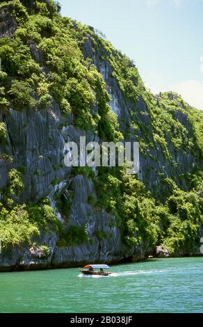 In Vietnam ha lungo significa ‘ddrago di escending’, e la leggenda ha che Halong Bay è stato formato da un gigantesco drago che è immerso nel Golfo di Tonkin, creando migliaia di affioramenti calcarei con l'ancoraggio della sua coda. I geologi tendono a ignorare questa teoria, sostenendo che la miriade di isole che punteggiano Halong Bay e si estendono fino a nord fino alla frontiera cinese sono il prodotto di erosione selettiva del fondale marino nel corso di millenni. Foto Stock