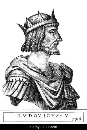 Luigi IV (1282-1347), noto anche come Luigi Bavarese, era figlio del duca Luigi II di Baviera superiore e Matilda, figlia del re Rudolf I. era di Casa Wittelsbach, ed era inizialmente un amico vicino al cugino asburgico Federico la Fiera, ma più tardi si gettarono e si scontrarono violentemente. Divenne Duca di Baviera nel 1301 accanto al fratello Rudolf i, ma divenne unico sovrano nel 1317. Quando l'imperatore Enrico VII morì nel 1313, due re furono eletti per succederlo, uno essendo Luigi stesso e l'altro suo cugino Federico. Furono coronati rapidamente e poi si combatterono in una sanguinosa guerra per Foto Stock