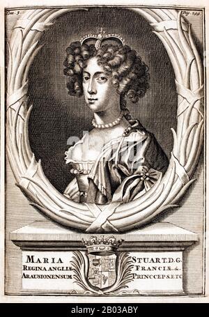 Maria II era Regina d'Inghilterra, Scozia e Irlanda e figlia del re Giacomo II e VII Sposò sua cugina, Guglielmo d'Orange, nel 1677 all'età di quindici anni. Quando suo padre, cattolico romano, salì al trono nel 1685 per il dispiacere del popolamento britannico principalmente protestante, suo marito fu convinto di invadere l'Inghilterra nel 1689 e rovesciare suo padre in quella che era conosciuta come la 'Rivoluzione Gloriosa'. Maria governò come sovrano uguale con suo marito, il loro regno comune spesso riferito come quello di Guglielmo e Maria, anche se in verità cedette gran parte della sua autorità al marito Foto Stock