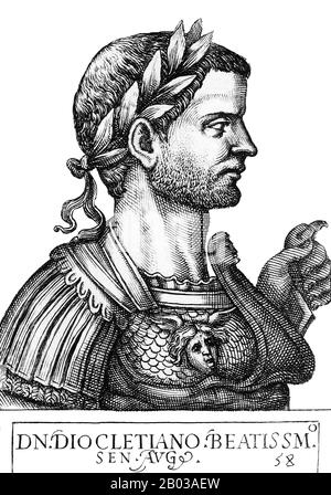 Diocleziano (244-312) è stato sopportato come Diocles in Dalmazia. Si alzò attraverso le file dei militari per diventare un comandante di cavalleria sotto l'imperatore Carus, e dopo la morte di Carus e suo figlio Numerian nel 284, Diocleziano fu proclamato imperatore, sconfiggendo l'altro figlio di Carus, Carinus, sopravvissuto per santificare la sua rivendicazione. Foto Stock