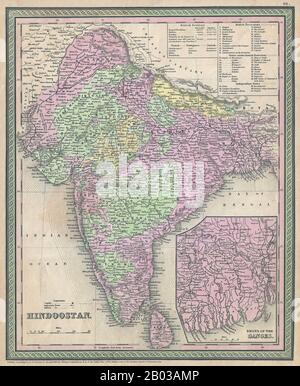 India: Mappa americana del subcontinente indiano, con stati principati e possessi britannici con codice colore, così come un inset inferiore destro che descrive il delta del fiume Ganges. Incisione litografica di Samuel Augustus Mitchell (1790-1868), 1850. Samuel Augustus Mitchell (1790-1868) è stato un . Foto Stock