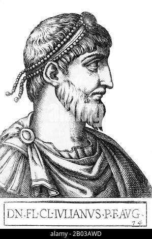 Julian (331-363), conosciuto anche come Julian the Apostate, era un membro della dinastia Costantiniana e cugino dell'imperatore Costanzo II L'imperatore Costanzo II lo fece Cesare delle province occidentali nel 355 mentre era impegnato a combattere l'Impero Sassanide ad est, affidando Julian contro gli Alamanni e i Franchi. Giuliano fu proclamato imperatore dai suoi soldati nel 360, e Costanzo II morì nel 361 mentre si accedeva a fronticarLo. Constantio affermò Julian come suo legittimo successore sul suo letto di morte. Foto Stock