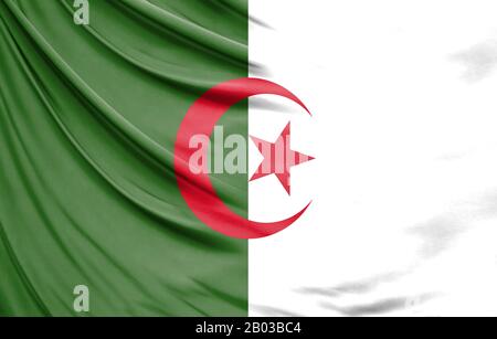Bandiera realistica di Algeria sulla superficie ondulata di tessuto Foto Stock