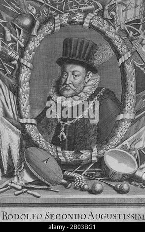 Rudolf II (1552-1612) era il figlio maggiore e successore dell'imperatore Massimiliano II Divenne re d'Ungheria e di Croazia nel 1572, e al tempo della morte del padre nel 1576, ereditò anche le corone boeme, tedesche e romane. Foto Stock