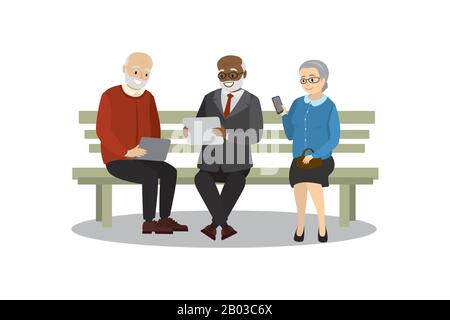 persone anziane o pensionati con gadget intelligenti seduti su panchina, isolato su sfondo bianco, cartone animato vettore illustrazione Illustrazione Vettoriale