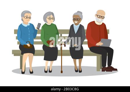 anziani o pensionati seduti su panchina, isolati su sfondo bianco, illustrazione vettore cartone animato Illustrazione Vettoriale