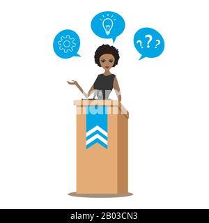 afroamericana business donna o politico parlando al pubblico da tribune. Femmina che dà speech.Presentation.Vector immagine cartone animato isolato Illustrazione Vettoriale