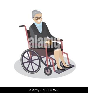 Nonna in sedia a rotelle, cartone animato sorridente pensionato, isolato su sfondo bianco, illustrazione vettoriale Illustrazione Vettoriale